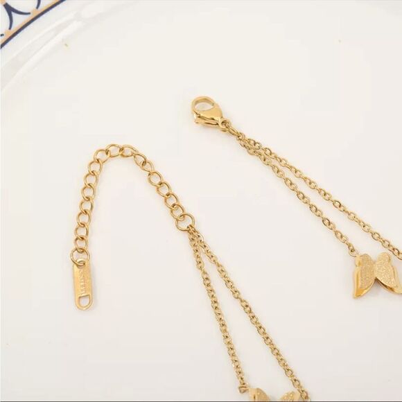 #46 Gold Butterfly Double Chain Bracelet Anklet - Picture 7 of 8